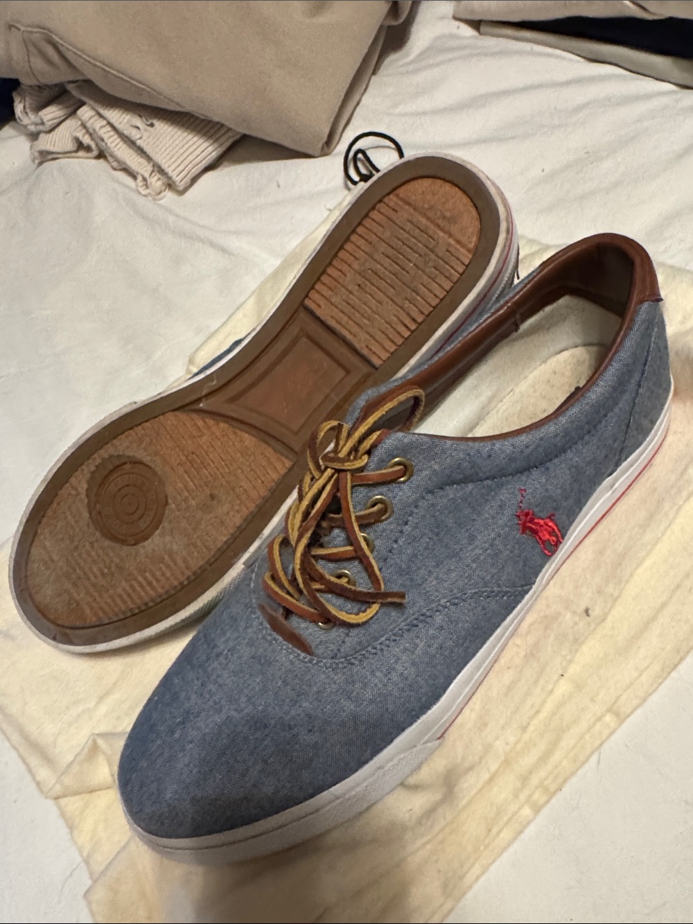 Polo by Ralph Lauren Gray Canvas Boat Shoe with Red Pony and Brown Trim